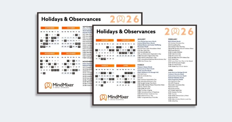 MindMixer 2026 social media holidays and observances downloadable calendar