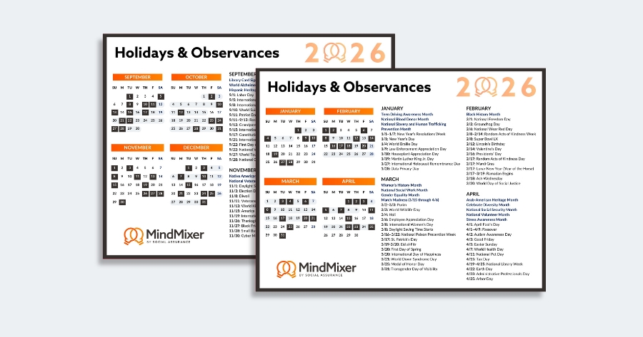 MindMixer 2026 social media holidays and observances downloadable calendar