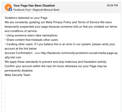 A message from Facebook saying "your page has been disabled".