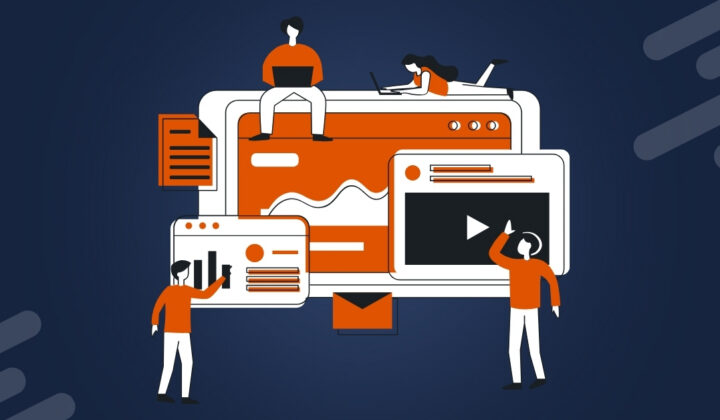 Illustration of a team doing content creation and marketing work.