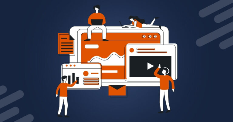 Illustration of a team doing content creation and marketing work.